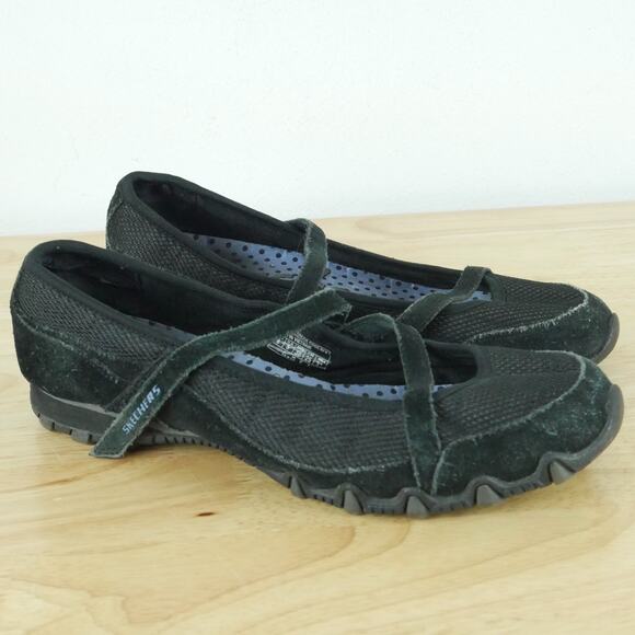 Skechers Size 8 Relaxed Fit Bikers Maryjane Ballet Flat Sneakers Suede Black - Picture 1 of 13